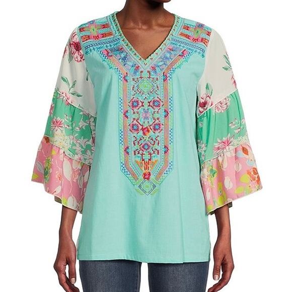 New Calessa Woven Embroidered 3/4 Patchwork Flare Sleeve Shirt Womens Sz Small - Picture 1 of 7
